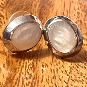 VTG Sterling Mother of Pearl Pierced Earrings Signed M Oval Nacre Studs 3/8x1/2"